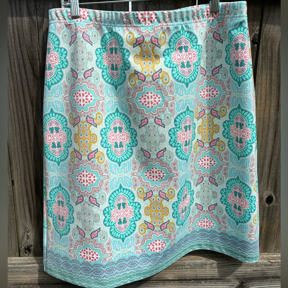 Talbots Light Blue Paisley Floral Stretch Elastic Waist Skirt - Size Large